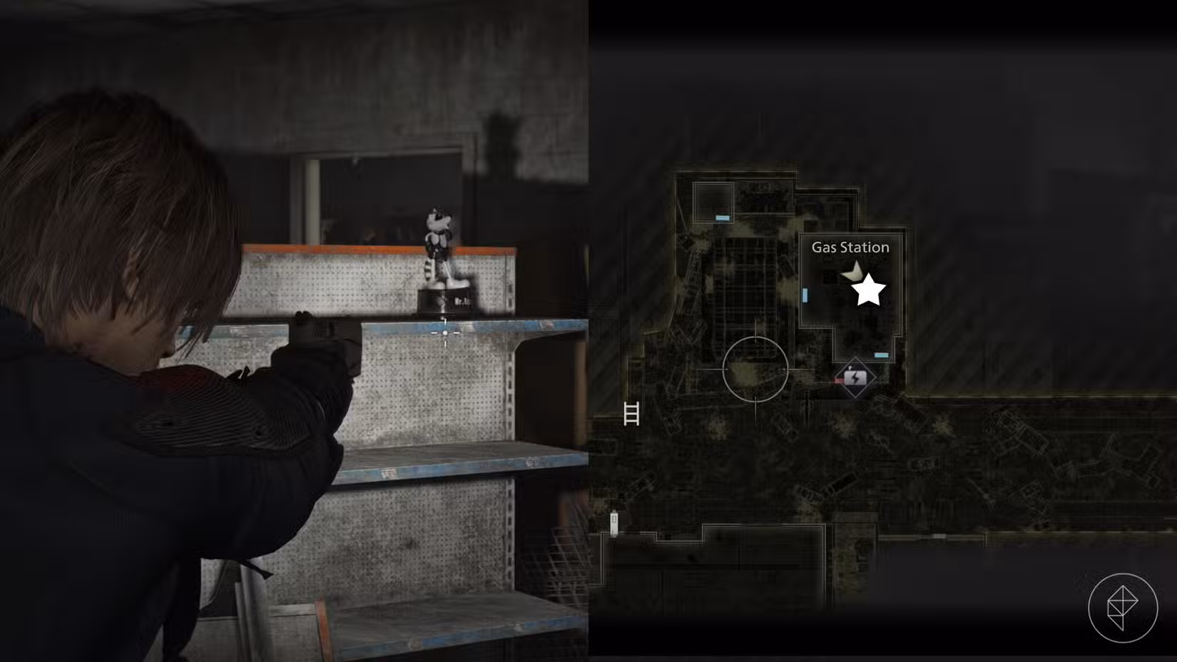 Uma montagem de duas imagens de Resident Evil Requiem mostrando a localização da estátua número 16 do Sr. Raccoon