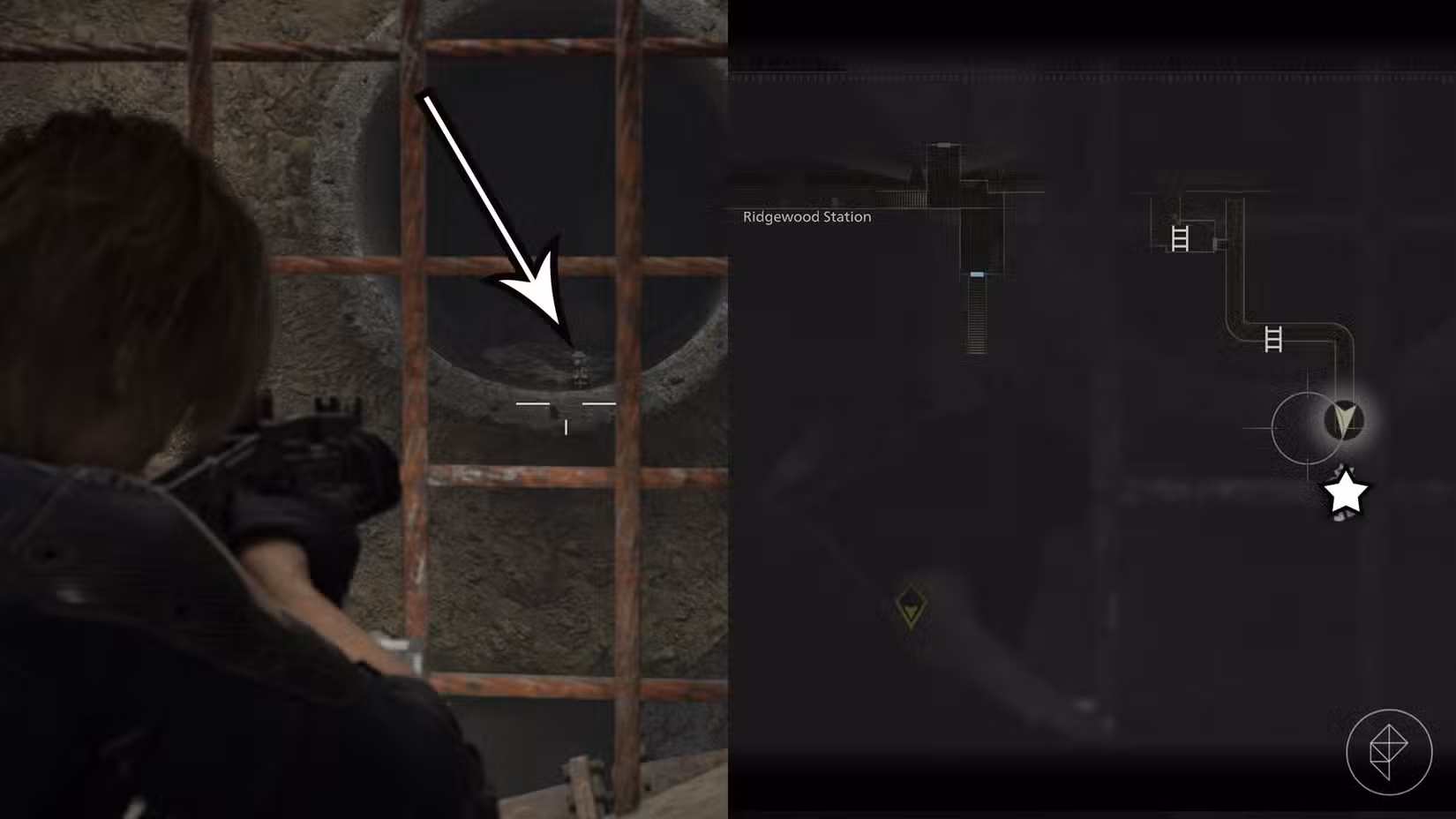 Uma montagem de duas imagens de Resident Evil Requiem mostrando a localização da estátua número 17 do Sr. Raccoon