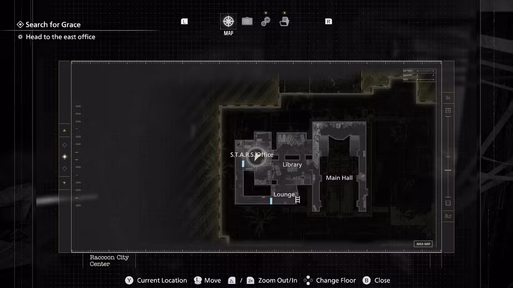 Um mapa mostrando o escritório do STARS em Resident Evil Requiem