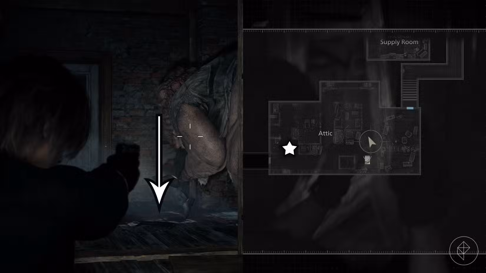Uma montagem de duas imagens de Resident Evil Requiem mostrando a localização da espingarda MSBG 500