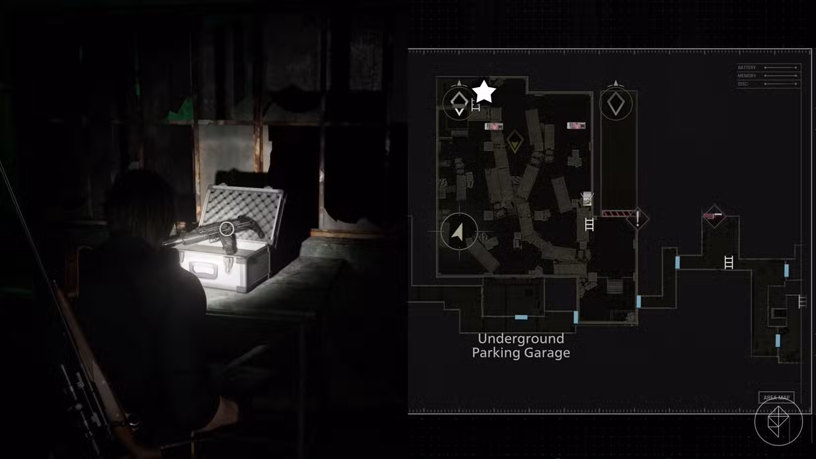 Uma montagem de duas imagens de Resident Evil Requiem mostrando a localização da Gal SMG