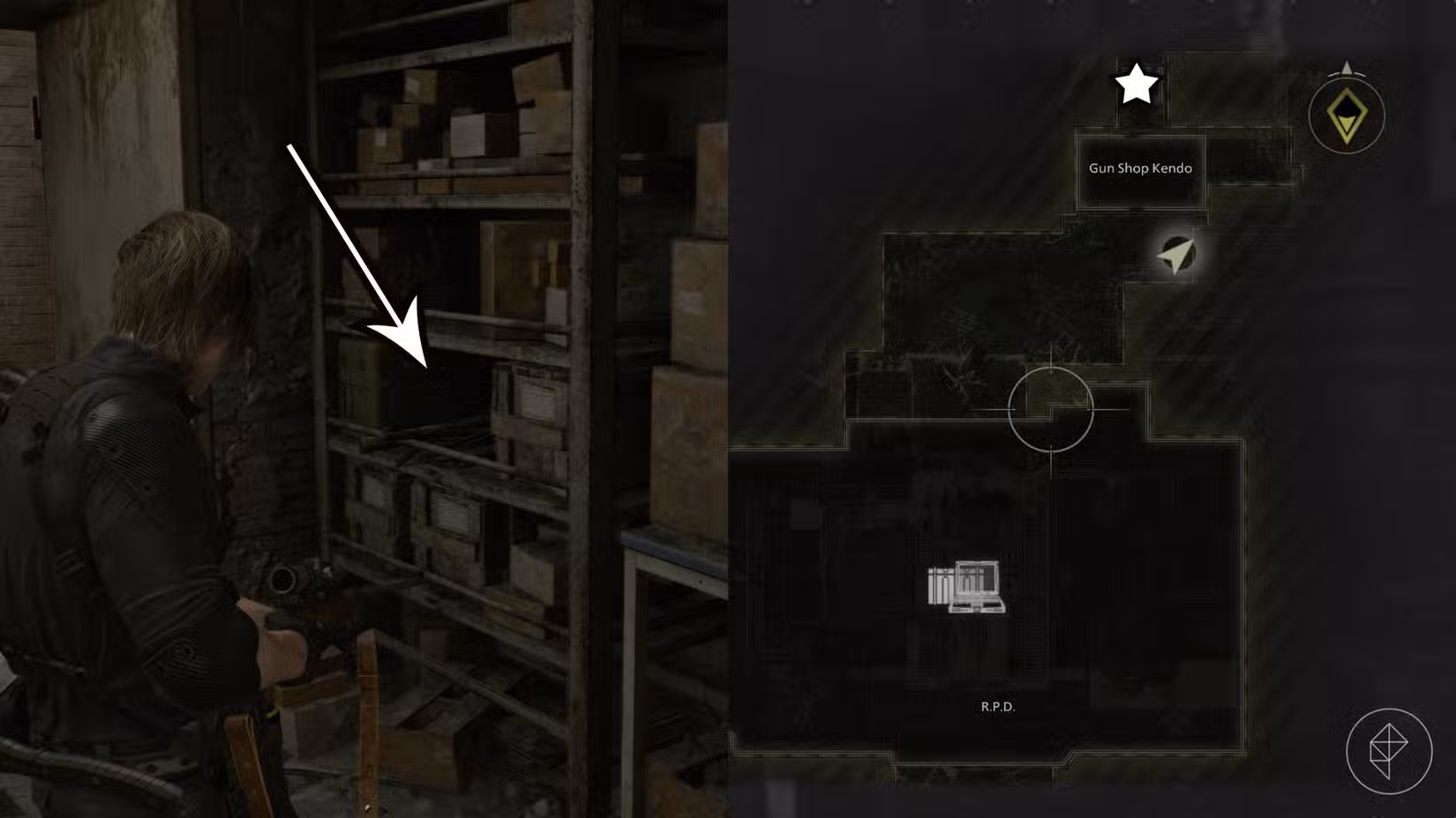 Uma montagem usando duas capturas de tela de Resident Evil Requiem para mostrar a localização da espingarda W870 Police