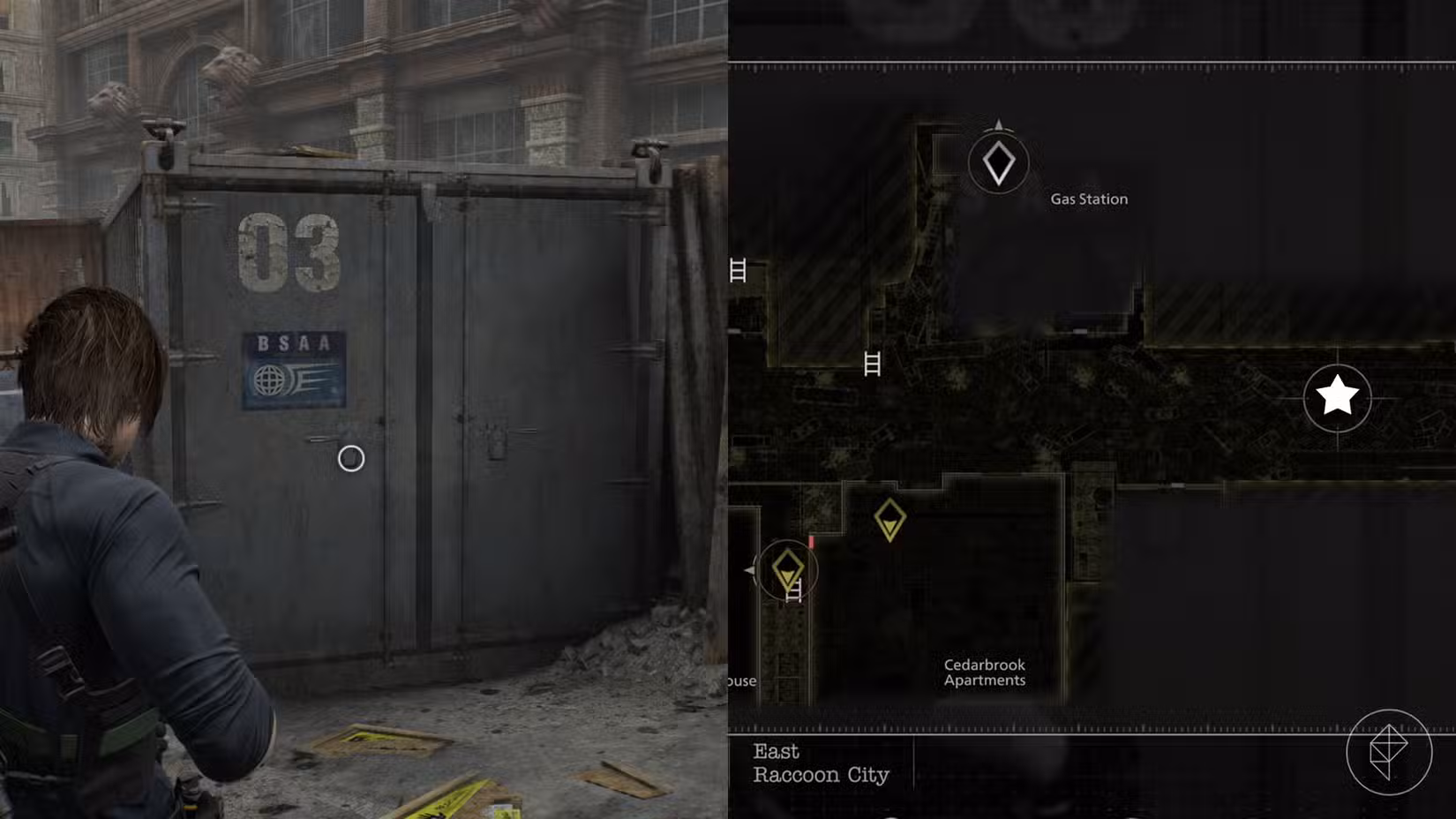 Uma montagem de duas imagens de Resident Evil Requiem mostrando a localização do rifle de precisão Marksman 1A