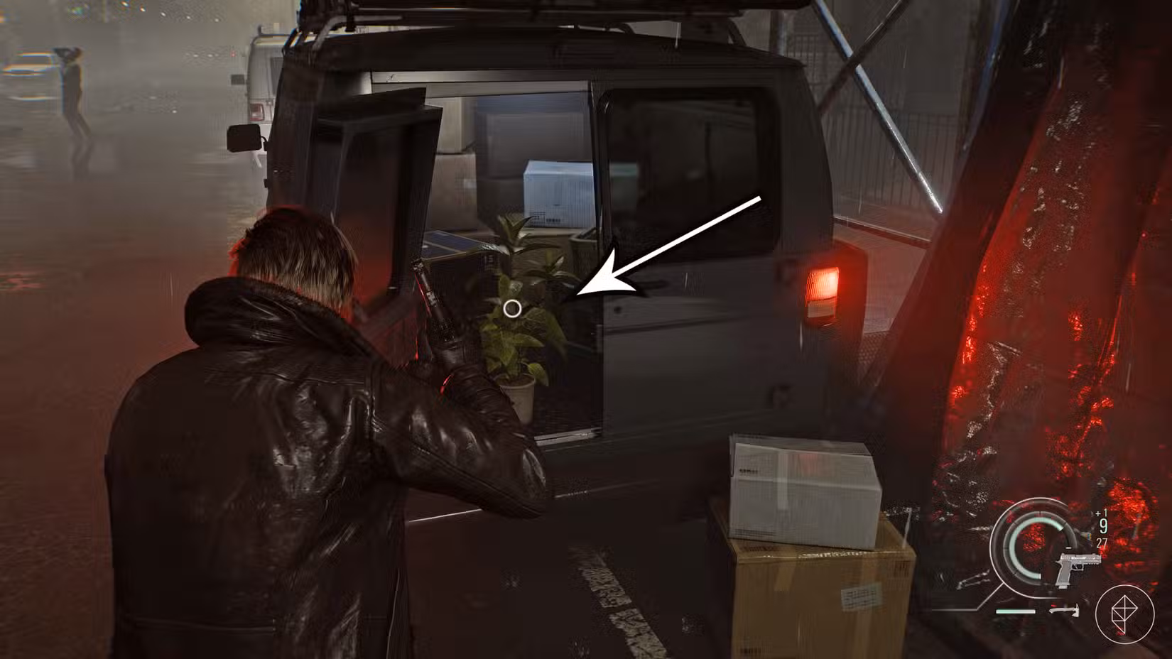 Leon encontra uma erva verde em Resident Evil Requiem.