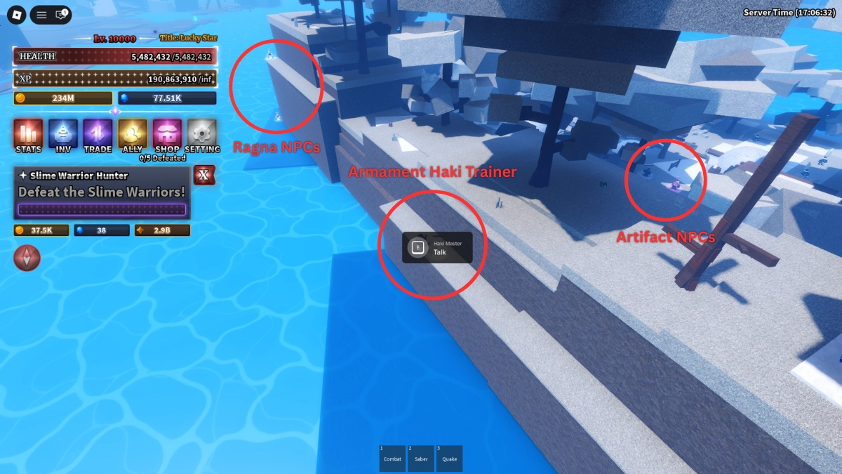Localização do NPC Armament Haki Trainer na Ilha da Neve na experiência Sailor Piece Roblox.