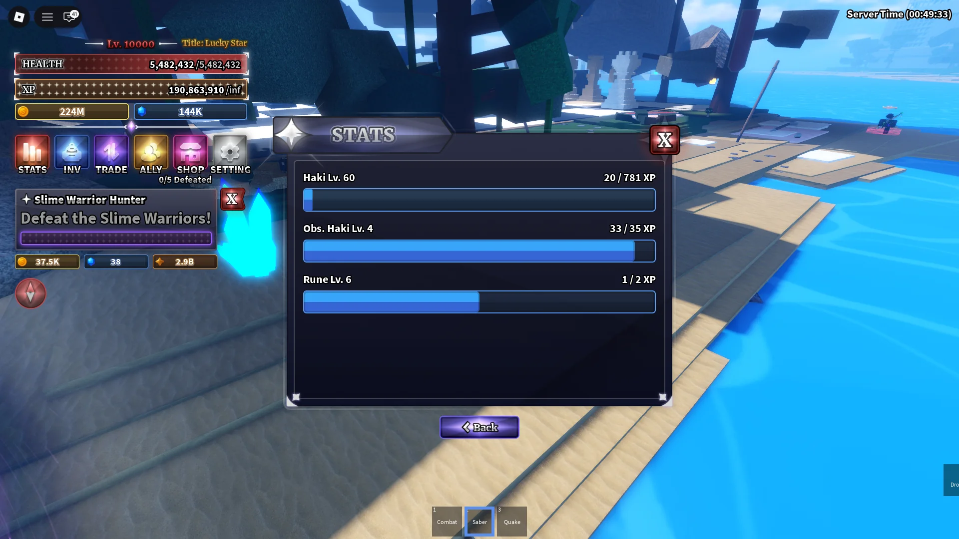 Um jogador verificando seus níveis de Observação, Armamento e Conquistador Haki no menu Estatísticas na experiência Sailor Piece Roblox.