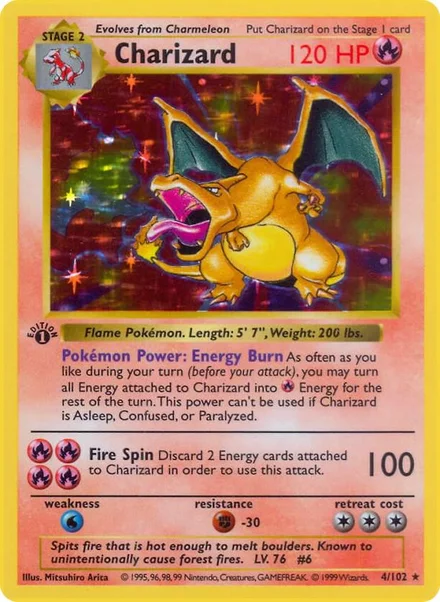 Charizard - Conjunto de base sem sombra da 1ª edição de 1999