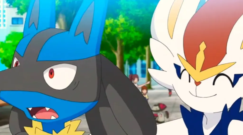 Cinderace dá um tapinha nas costas de Lucario, cujos olhos estão arregalados em estado de choque.