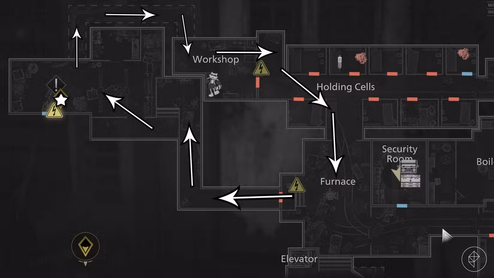 O caminho para o segundo plug conjunto no Porão em Resident Evil Requiem.
