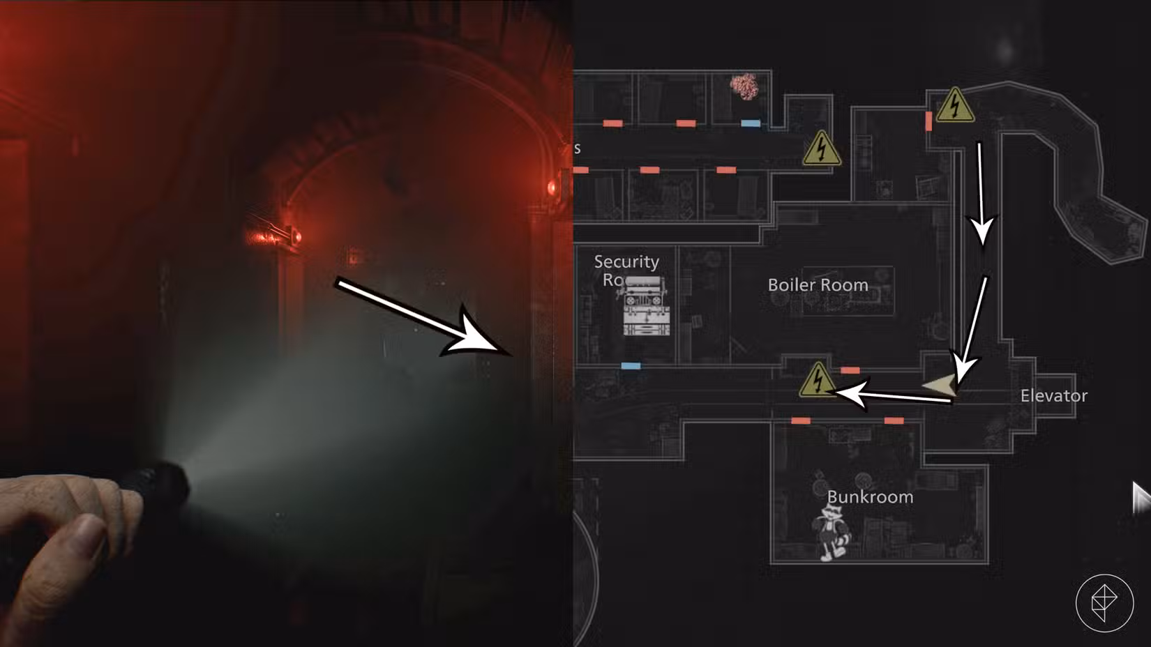 O caminho da sala da caldeira até o dormitório no porão em Resident Evil Requiem.