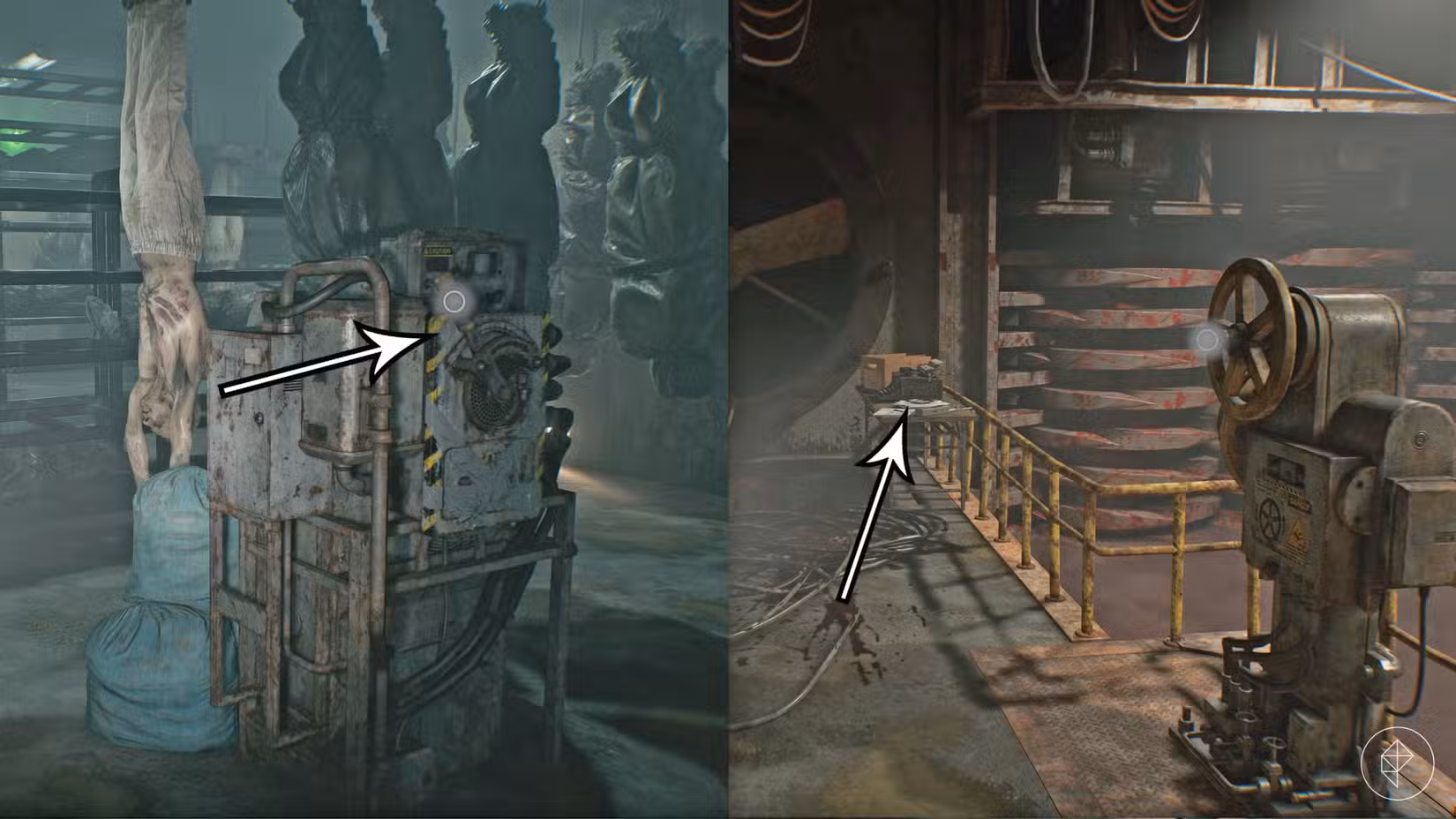 Uma alavanca e uma máquina de escrever apontadas por setas no porão em Resident Evil Requiem.