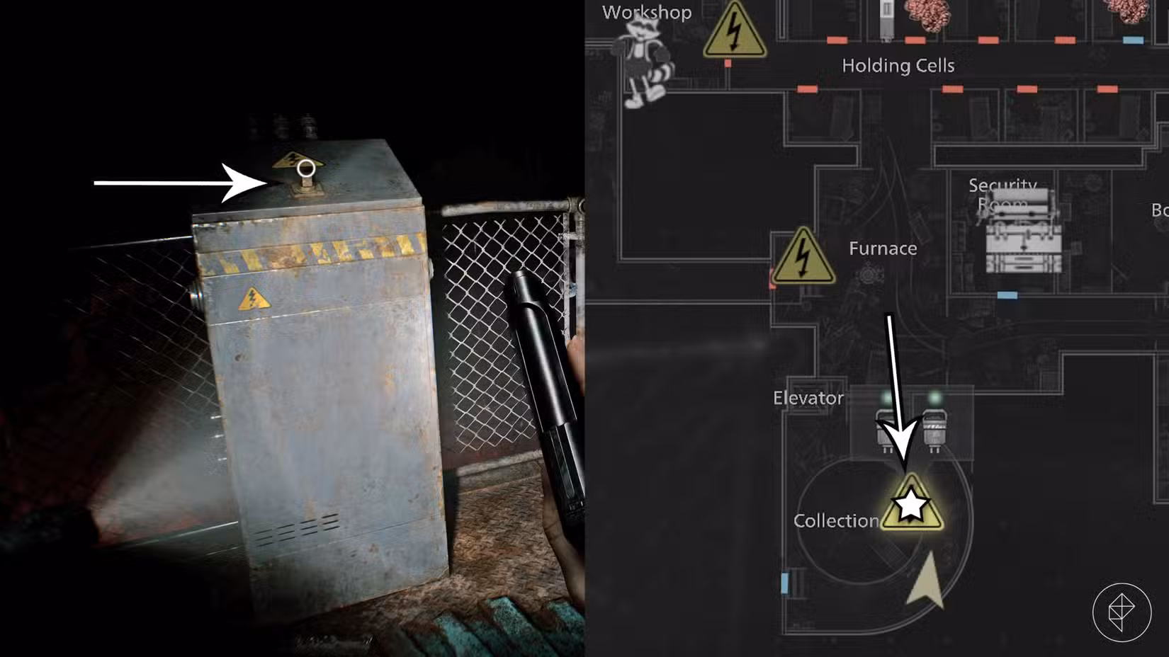 Um distribuidor de energia que requer a chave de caixa quadrada no porão em Resident Evil Requiem.