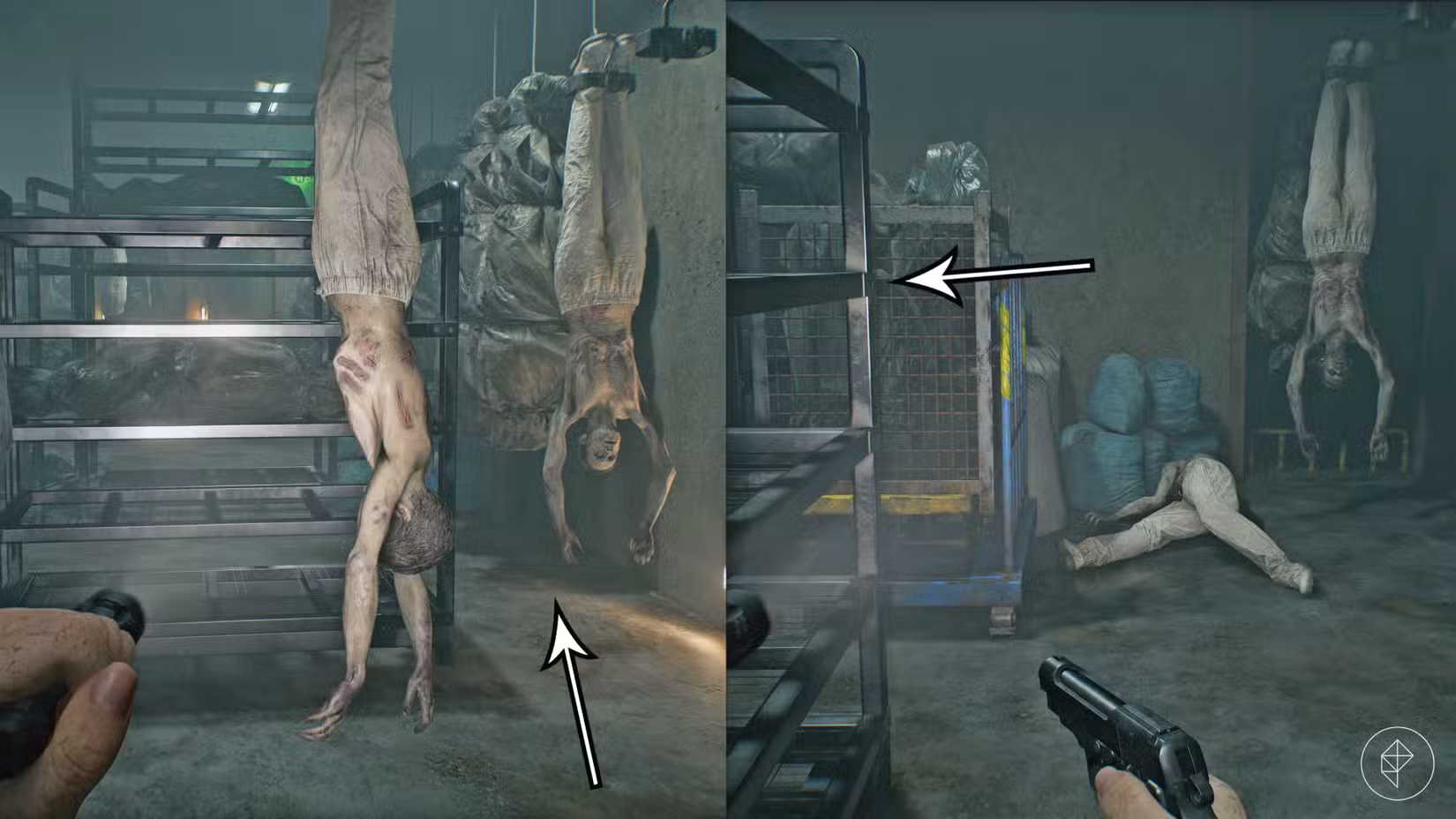 Zumbis pendurados no teto do porão em Resident Evil Requiem.