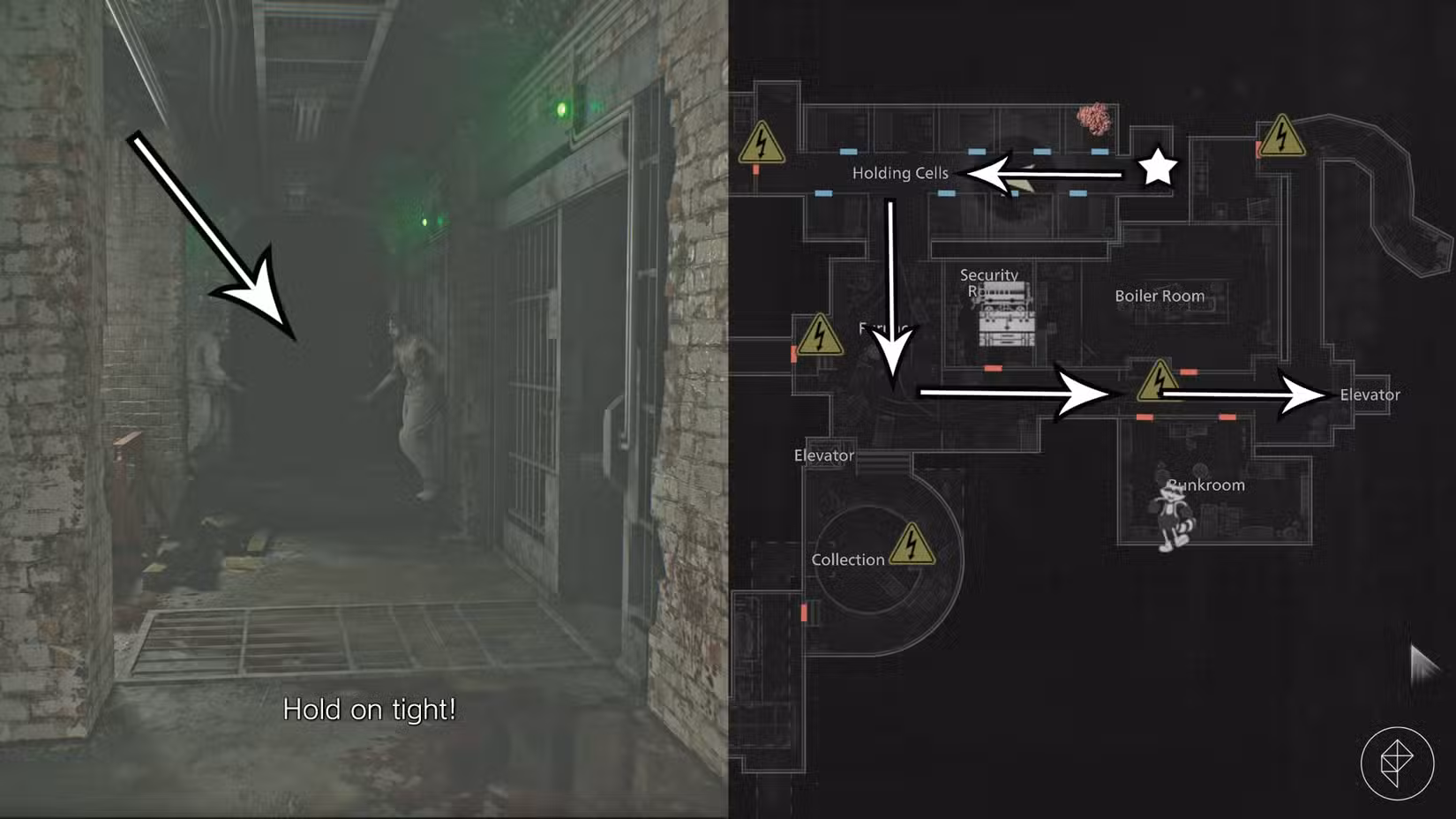 A rota de fuga do distribuidor de energia até o elevador no porão em Resident Evil Requiem.