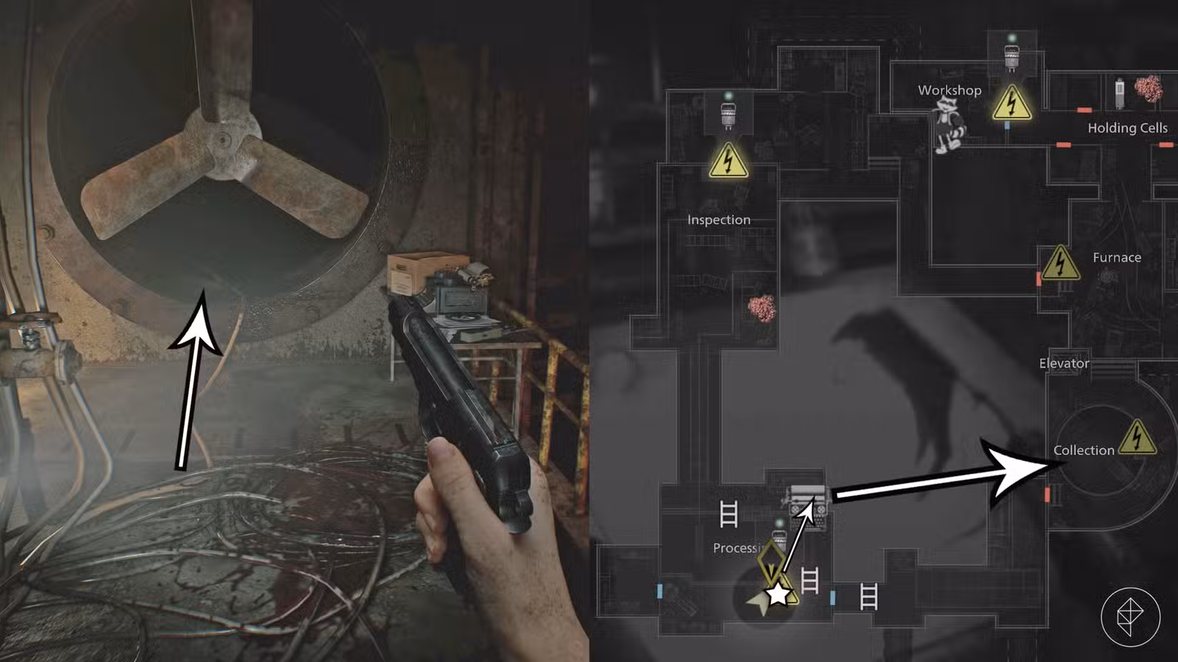 Uma rota de fuga após coletar o terceiro plugue de junta no porão em Resident Evil Requiem.