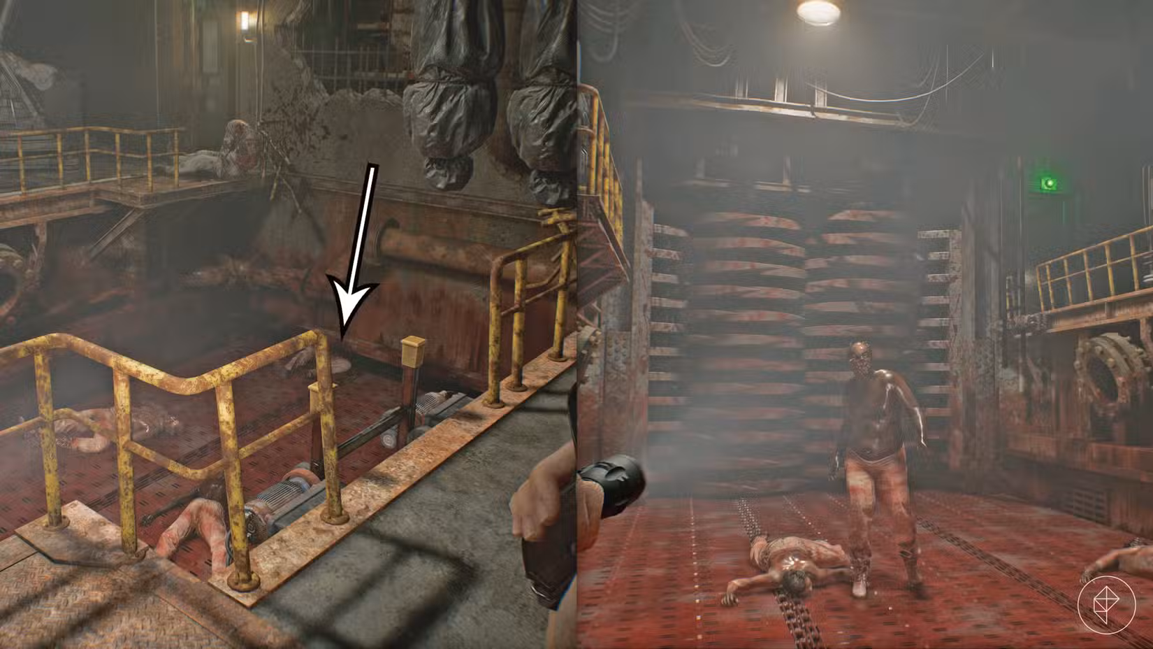 Uma poça de sangue drenada cheia de zumbis no porão em Resident Evil Requiem.