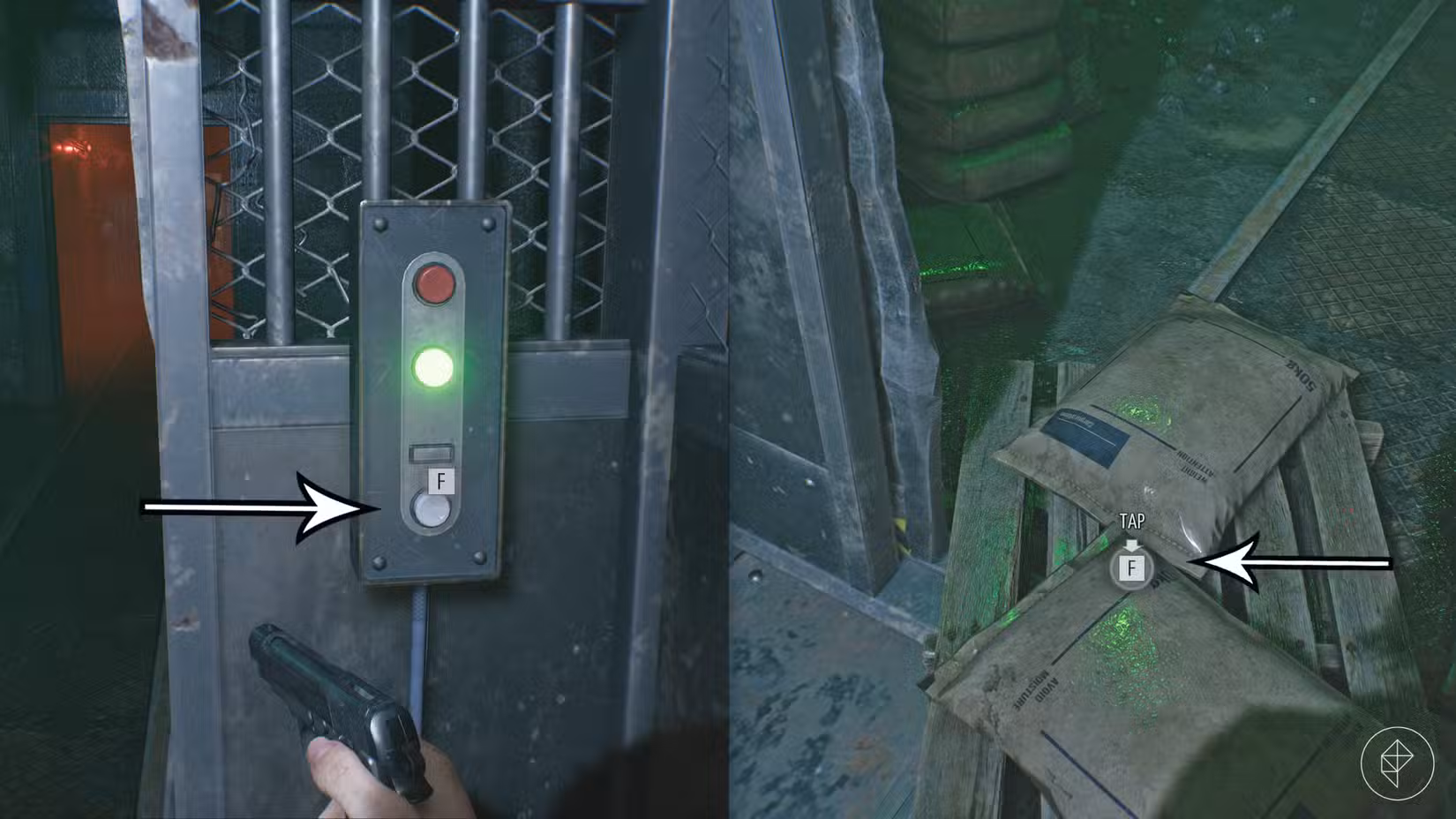 As setas apontam para um botão de elevador e bolsas que precisam ser removidas no porão de Resident Evil Requiem.