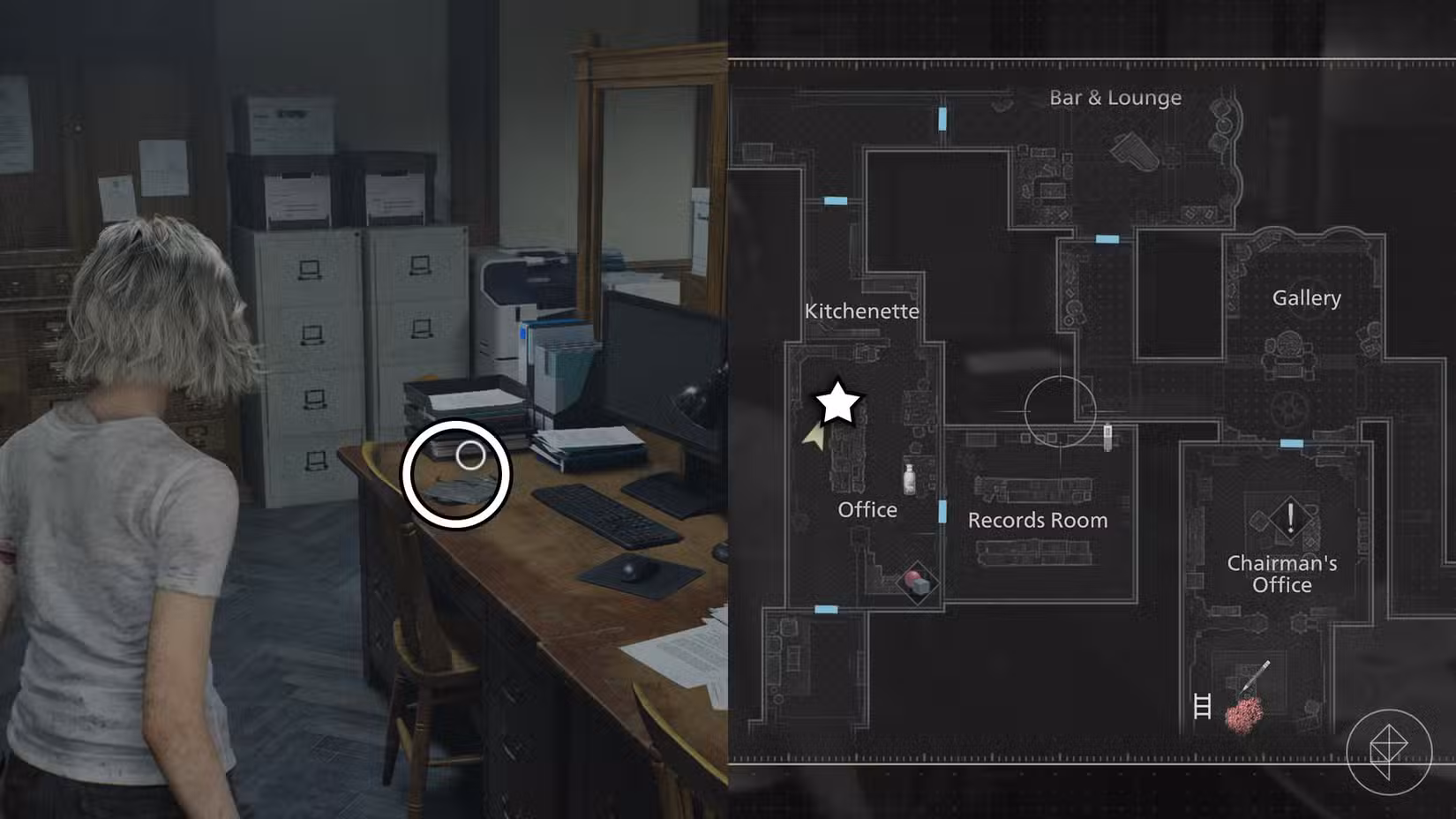 Uma montagem de duas imagens de Resident Evil Requiem mostrando a localização do terceiro lockpick do jogo