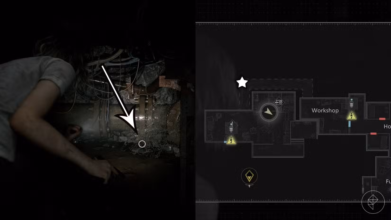 Uma montagem de duas imagens de Resident Evil Requiem mostrando a localização do quinto lockpick do jogo