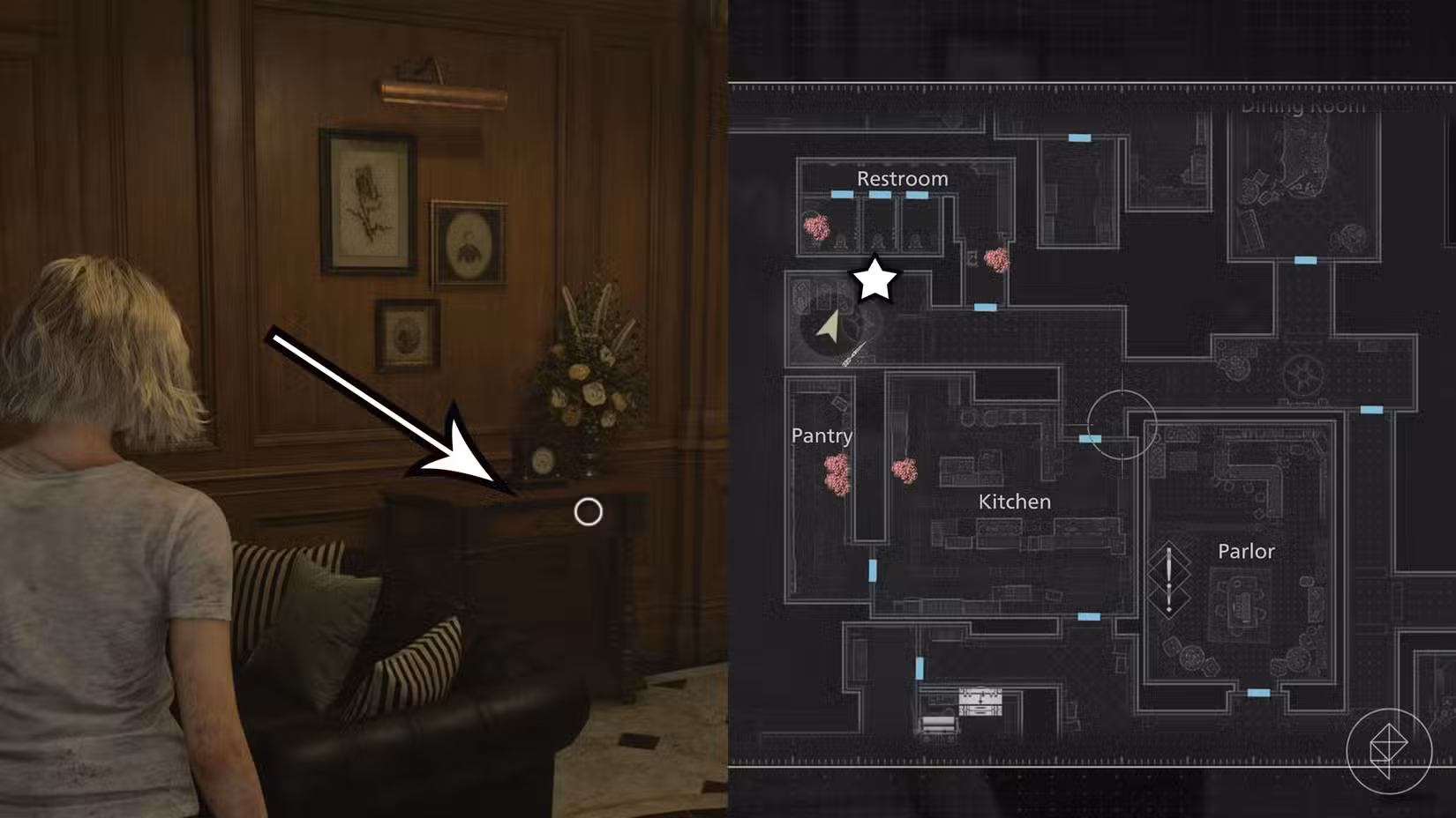 Uma montagem de duas imagens de Resident Evil Requiem mostrando o segundo local que requer um lockpick