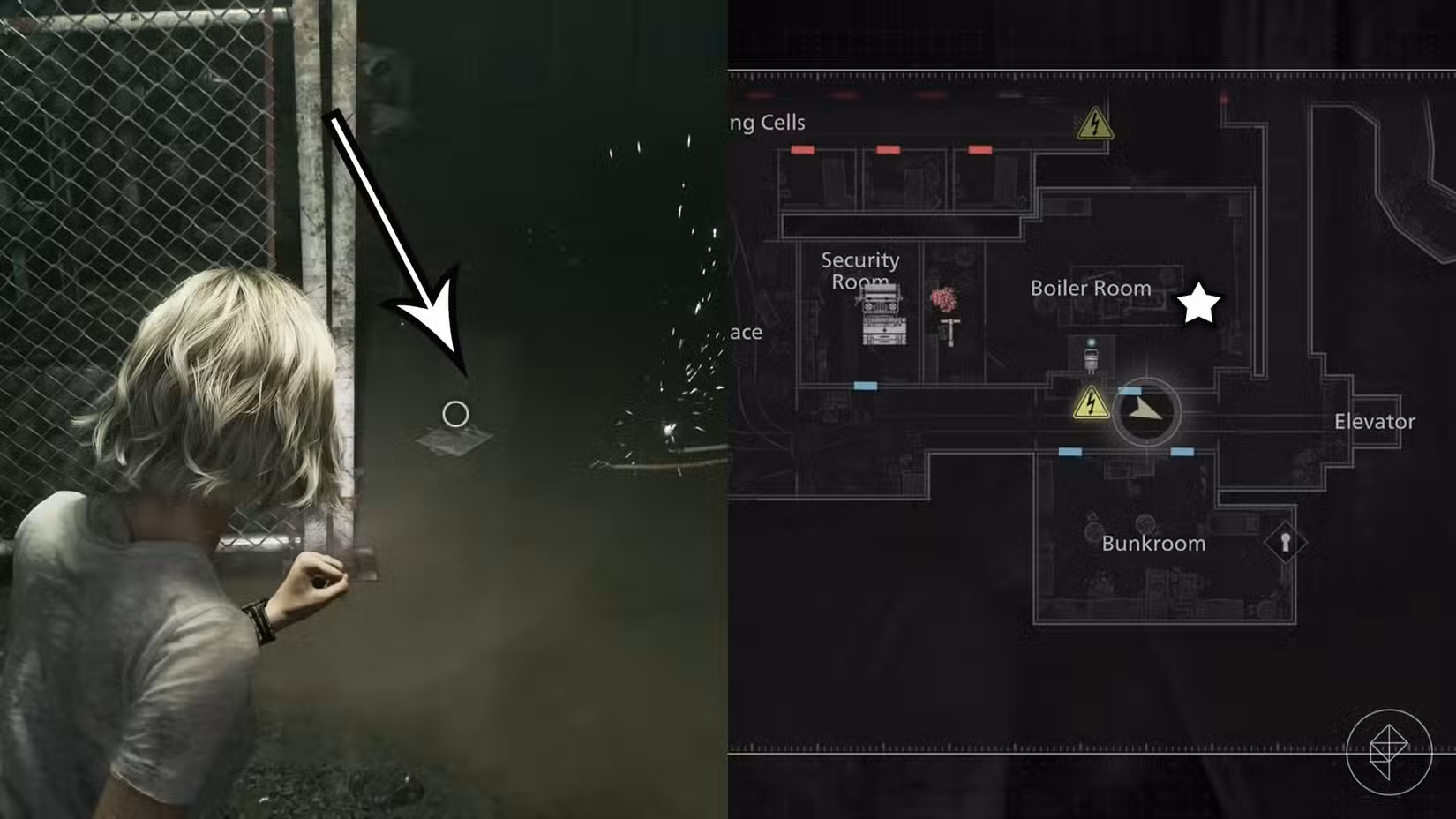 Uma montagem de duas imagens de Resident Evil Requiem mostrando a localização do quarto lockpick do jogo