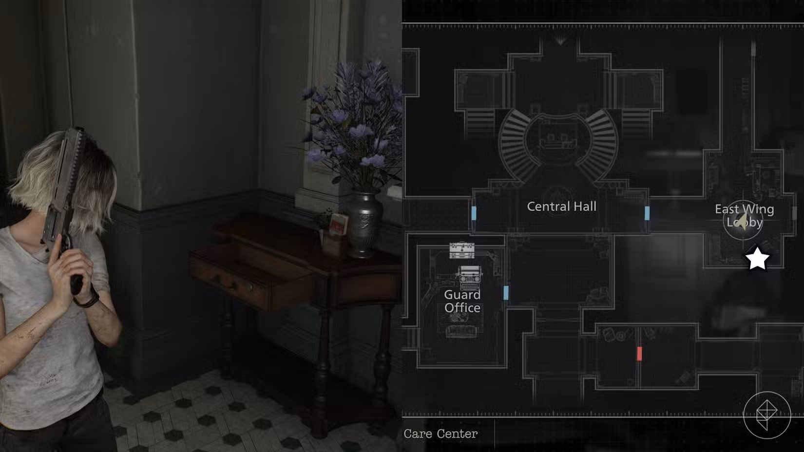 Uma montagem de duas imagens de Resident Evil Requiem mostrando o primeiro local que requer um lockpick