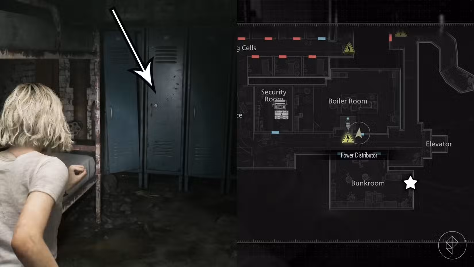 Uma montagem de duas imagens de Resident Evil Requiem mostrando o terceiro local que requer um lockpick