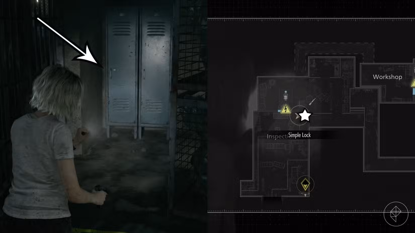 Uma montagem de duas imagens de Resident Evil Requiem mostrando o quinto local que requer um lockpick