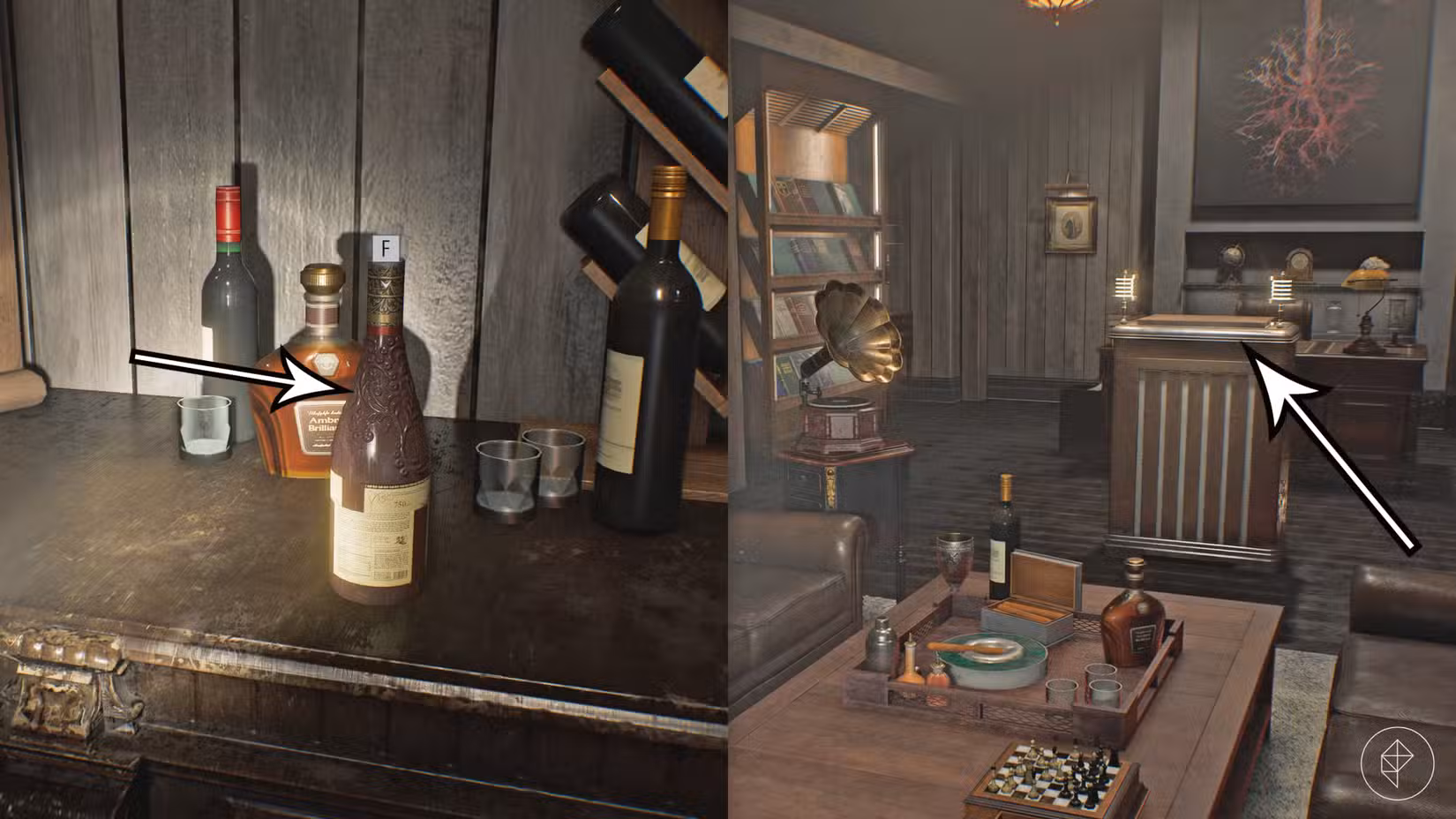 As setas apontam para um mecanismo de quebra-cabeça e uma garrafa de vinho com uma peça faltando necessária para completar o quebra-cabeça na cabana do pátio em Resident Evil Requiem.