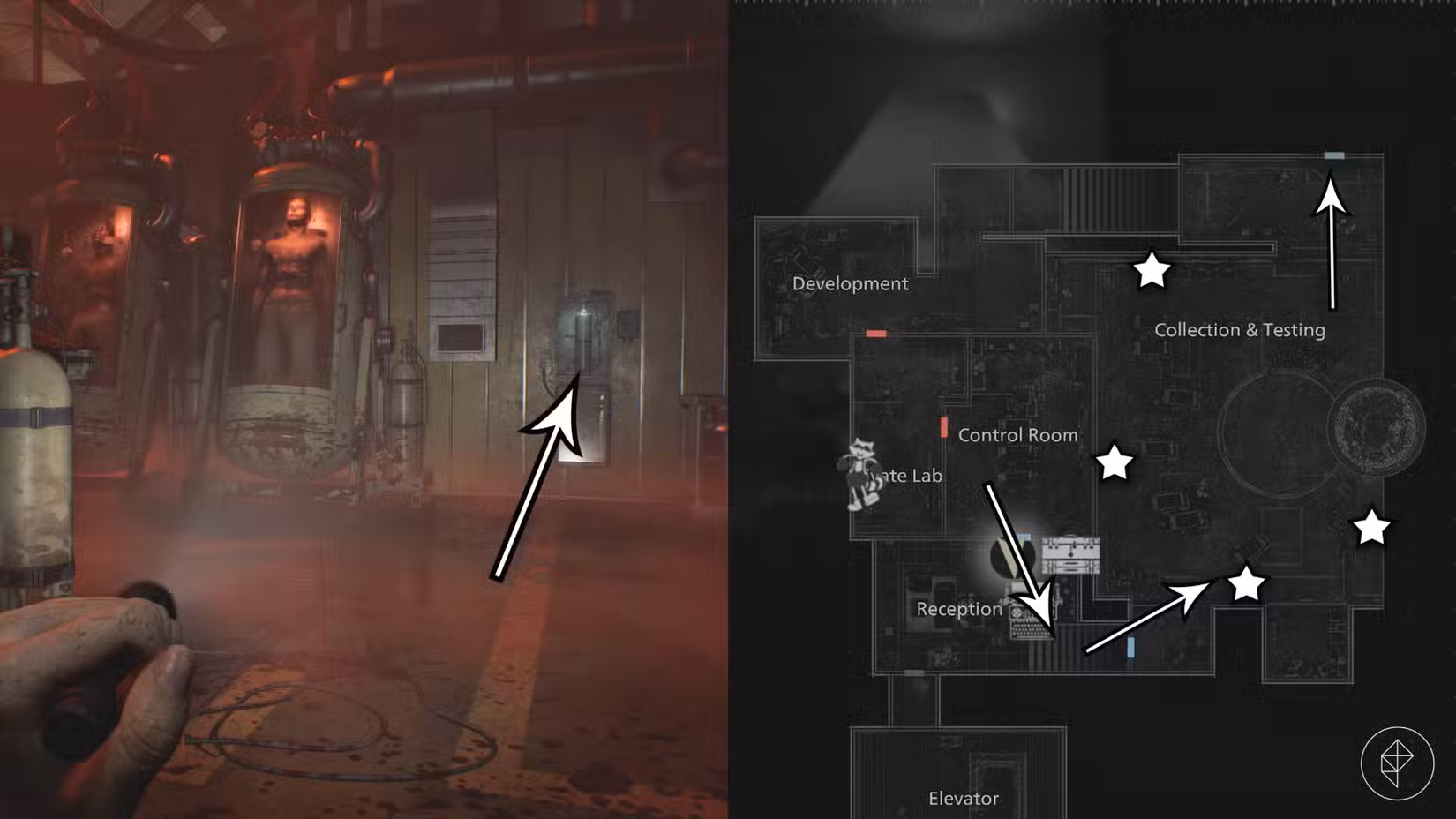 A rota de fuga do laboratório subterrâneo em Resident Evil Requiem.