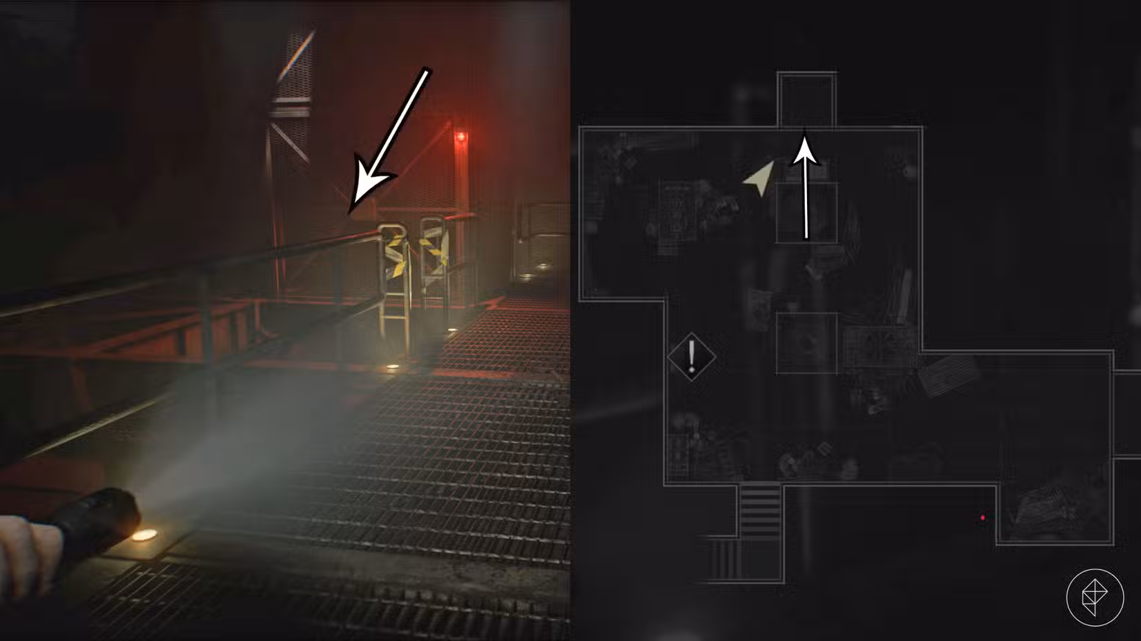 As setas apontam para a entrada da Estação de Tratamento de Água em Resident Evil Requiem.
