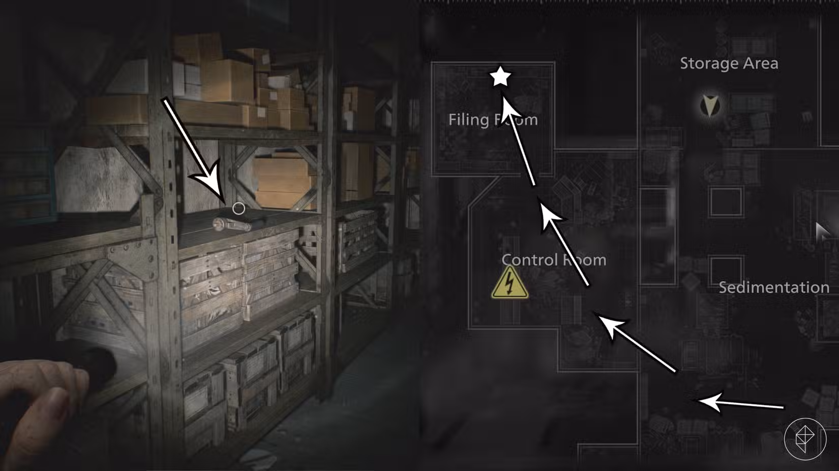 O caminho para a terceira unidade de distribuição de energia na Estação de Tratamento de Água em Resident Evil Requiem.