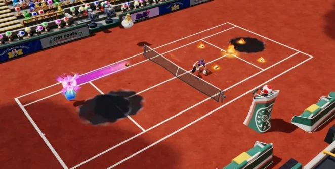 Waluigi e Luma azul jogam tênis em um campo de saibro. Bolas de fogo e respingos de tinta espalham-se pela quadra.