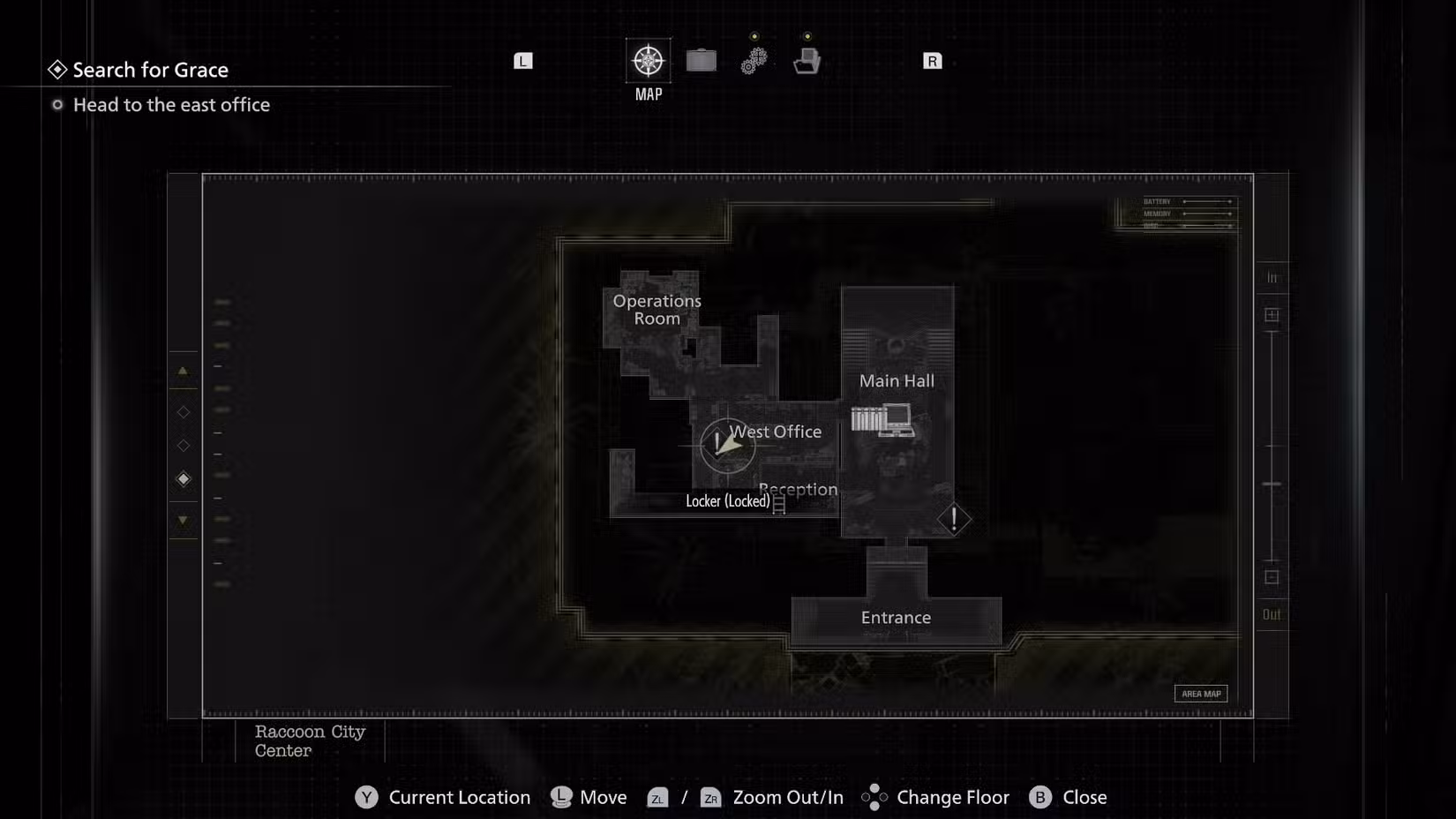 Uma imagem de mapa mostrando a localização do armário do West Office em Resident Evil Requiem