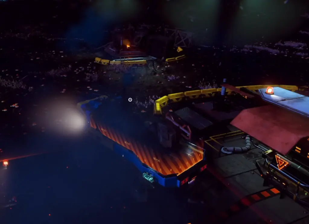 Estacionando o Exocraft na planta de processamento de resíduos em No Man's Sky