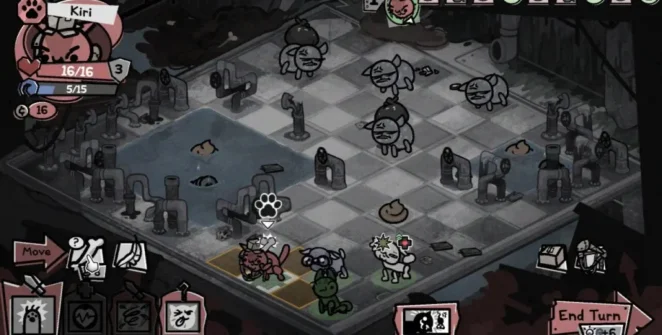 Um combate em Mewgenics mostrando o gato do jogador contra os inimigos.