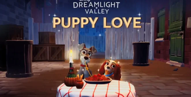 Lady e The Tramp compartilhando espaguete em atualização sobre amor de cachorrinho no Disney Dreamlight Valley