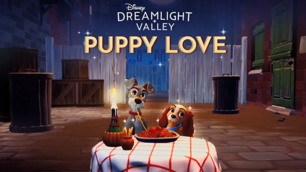 Lady e The Tramp compartilhando espaguete em atualização sobre amor de cachorrinho no Disney Dreamlight Valley