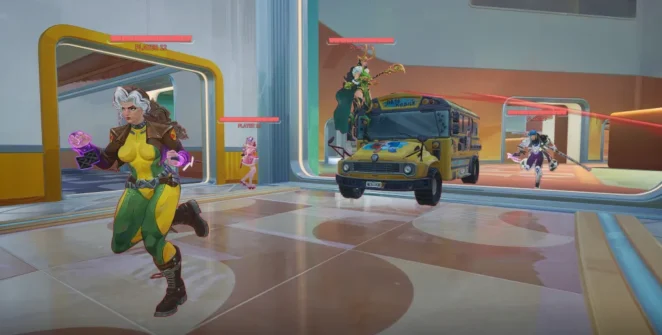 Uma equipe correndo em comboio de ônibus em rivais da Marvel