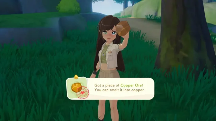 Personagem segurando minério de cobre na ilha starsand