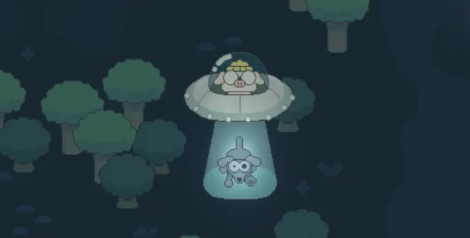 Porco em um OVNI sequestrando um cachorro no meio de uma floresta