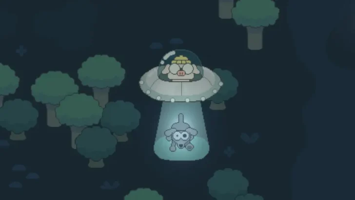 Porco em um OVNI sequestrando um cachorro no meio de uma floresta