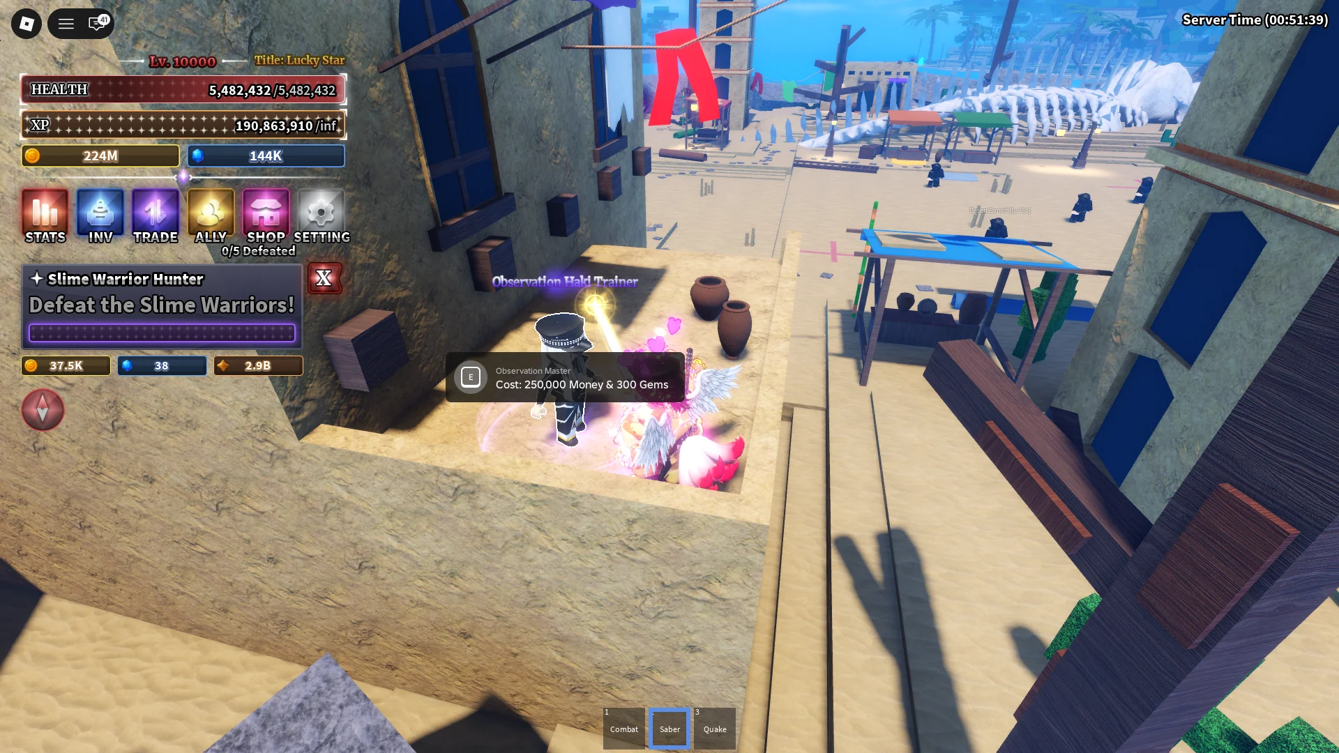 Localização do NPC Observation Haki Trainer na Ilha Deserta na experiência Sailor Piece Roblox.