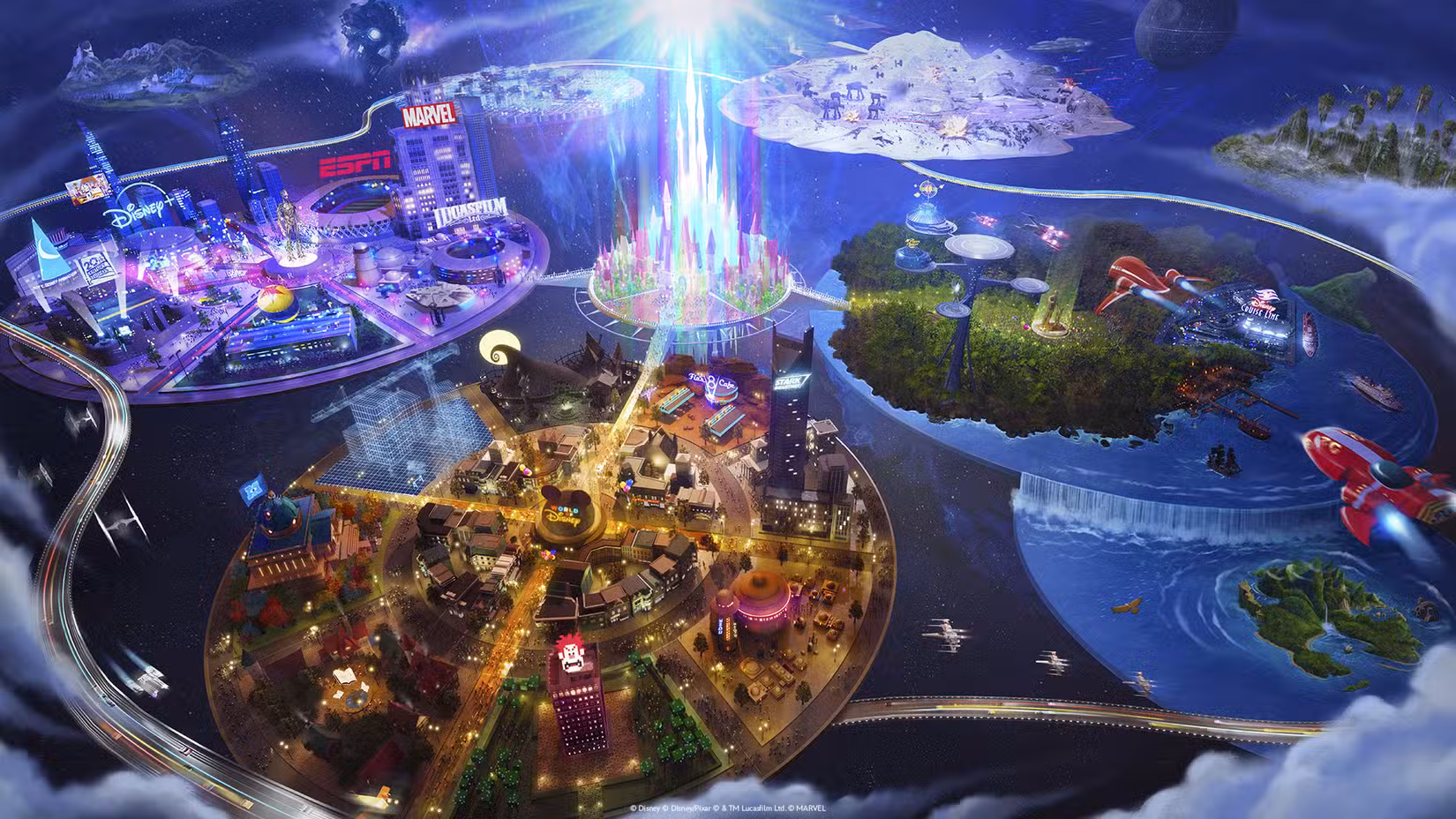 Uma visão ampla de um parque temático virtual da Disney dentro do mundo Fortnite, apresentando marcas e personagens de Star Wars, Pixar, Marvel e muito mais