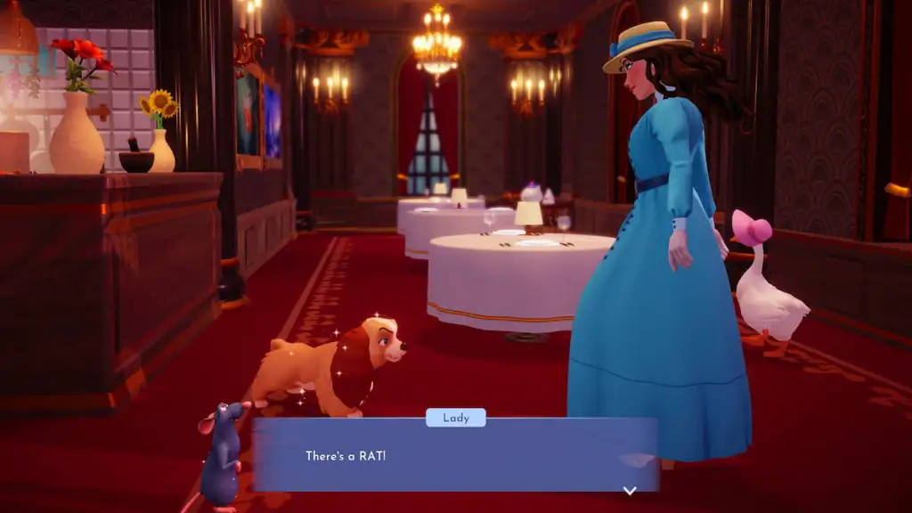 Conversando com a senhora em Chez Remy no Disney Dreamlight Valley