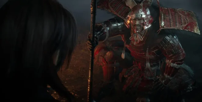 Um general Tokugawa ajoelhado sobre sua lança em Nioh 3.