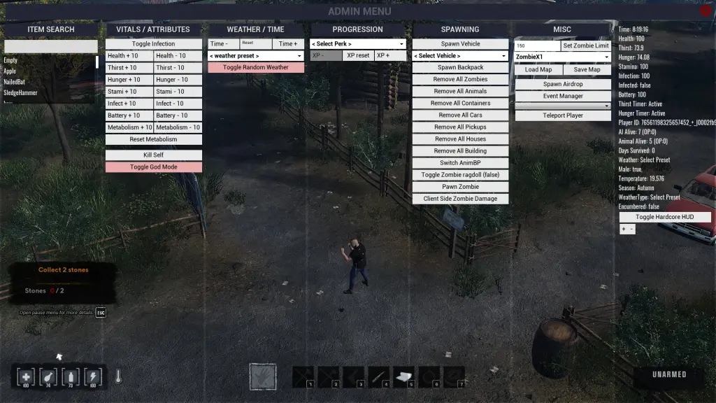 Janela de comando administrativo para HumanitZ