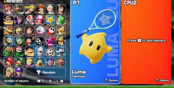 A tela de seleção de personagem mostrando o jogador em Mario Tennis Fever selecionando Luma como personagem. Todos os outros personagens jogáveis estão à direita.