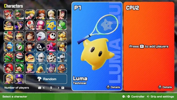 A tela de seleção de personagem mostrando o jogador em Mario Tennis Fever selecionando Luma como personagem. Todos os outros personagens jogáveis ​​estão à direita.