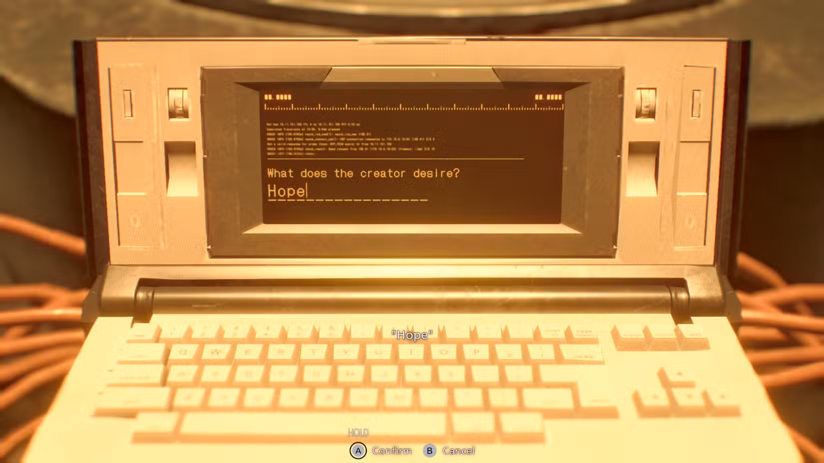 O terminal Elpis em Resident Evil Requiem, perguntando ao usuário qual é o desejo do criador